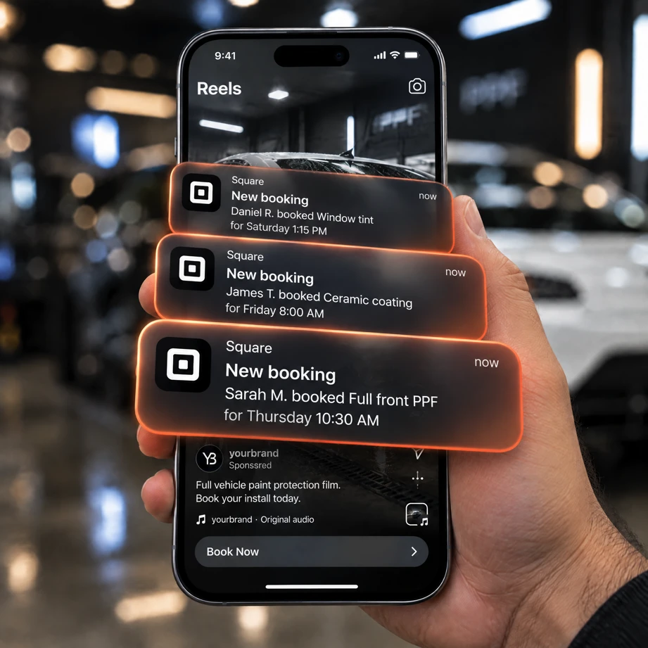 A hand holding a phone with new booking notifications stacked over a sponsored studio ad.
